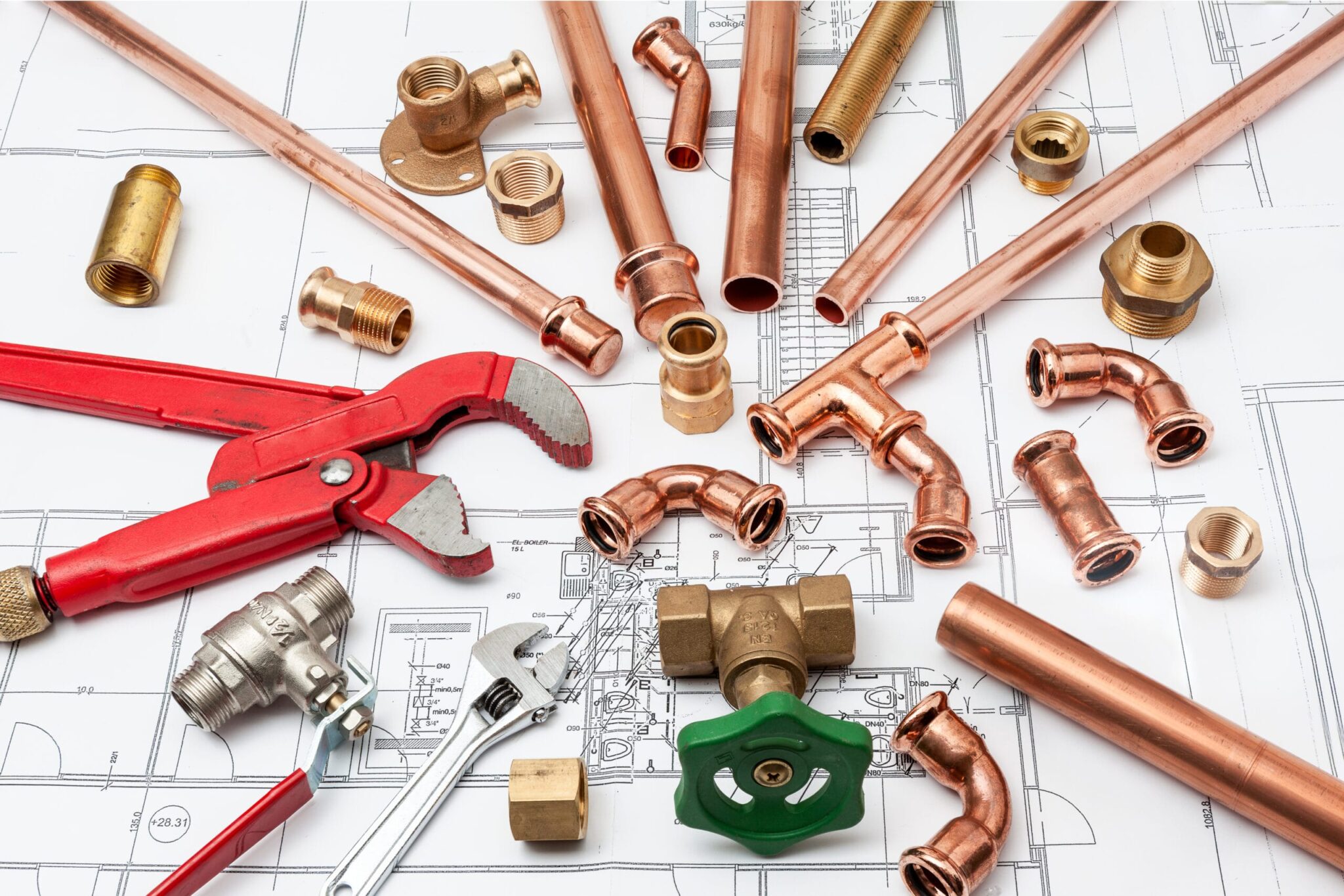Copper pipes, fittings, valves, and plumbing tools in Ruskin