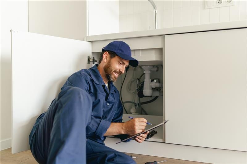 Residential plumber reviewing plumbing repairs in a Ruskin kitchen