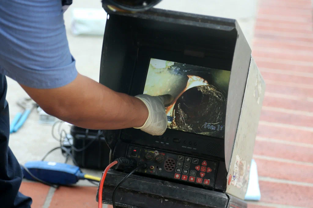 Technician viewing a drain inspection camera in Ruskin