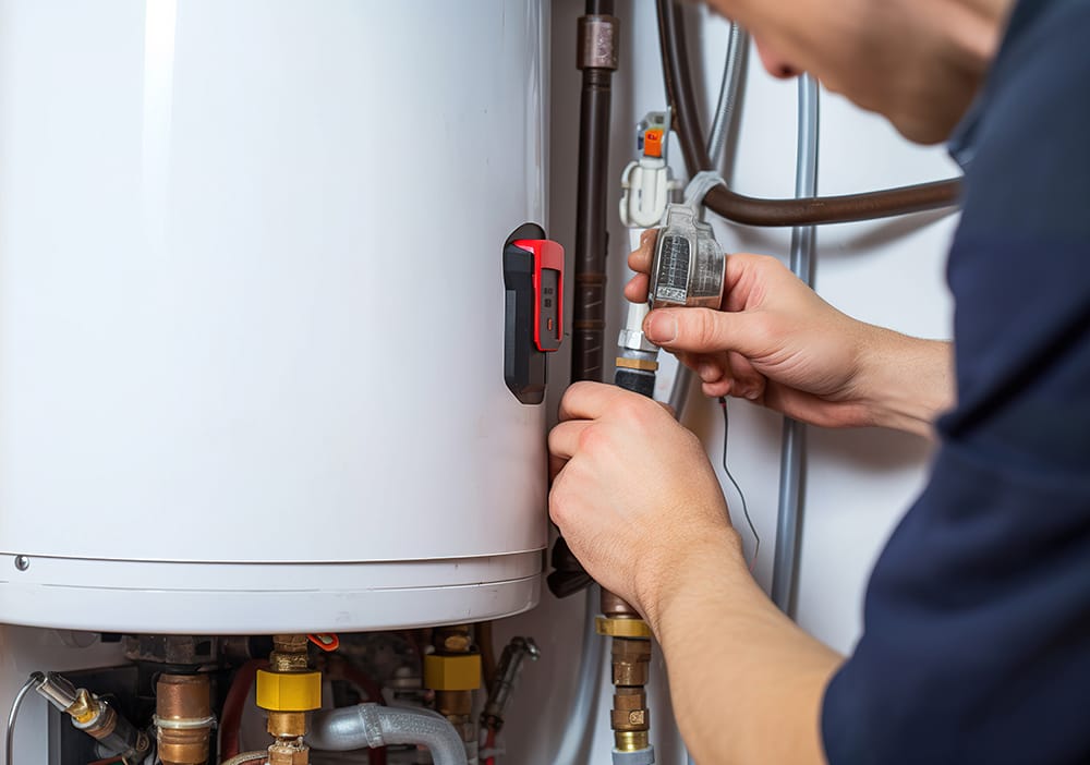 Technician repairing pipes connected to a water heater in Ruskin